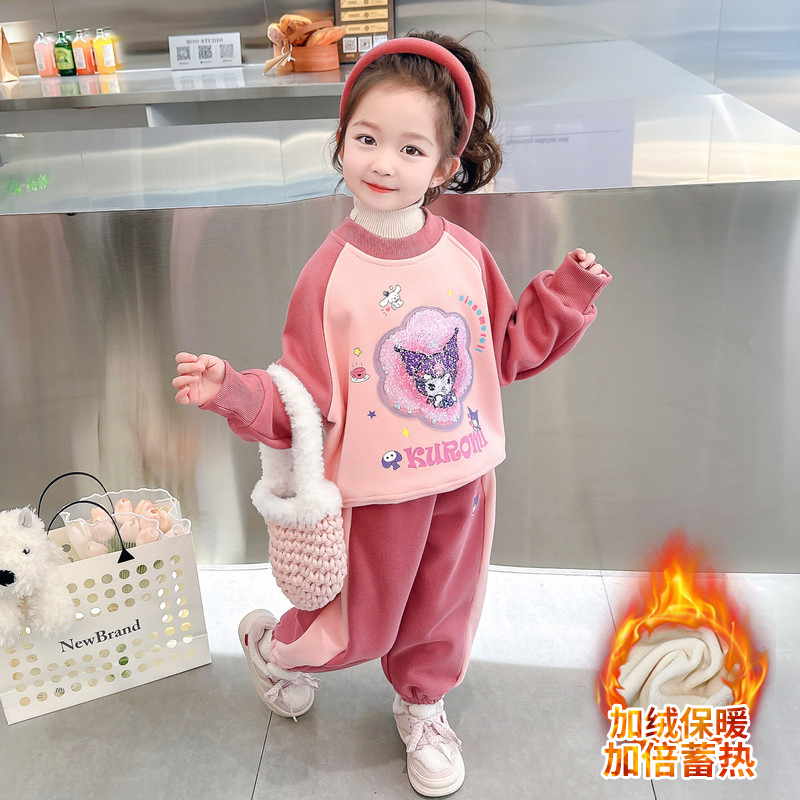 女小童冬季2023新款套装洋气时尚女孩韩版加绒卡通亮片卫衣两件套
