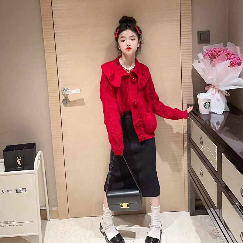 女童装洋气春秋款外套女孩针织毛衣开衫中大儿童秋季红色上衣百搭