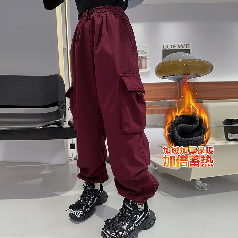 女童加绒工装裤秋冬装2023新款儿童中大童冬季宽松加厚保暖伞兵裤