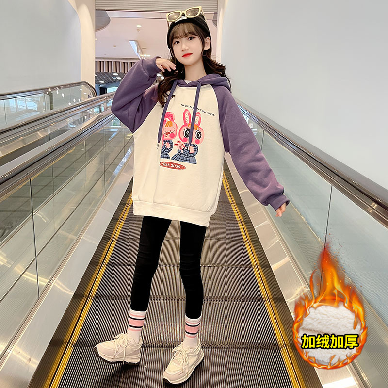 女童加绒卫衣2023秋冬新款韩版儿童加厚洋气保暖连帽上衣中大童潮
