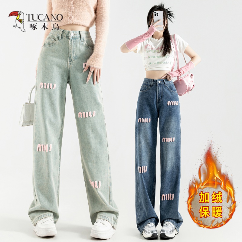啄木鸟毛巾秀加绒加厚字母阔腿牛仔裤女2023冬新款iu宽松高腰直筒