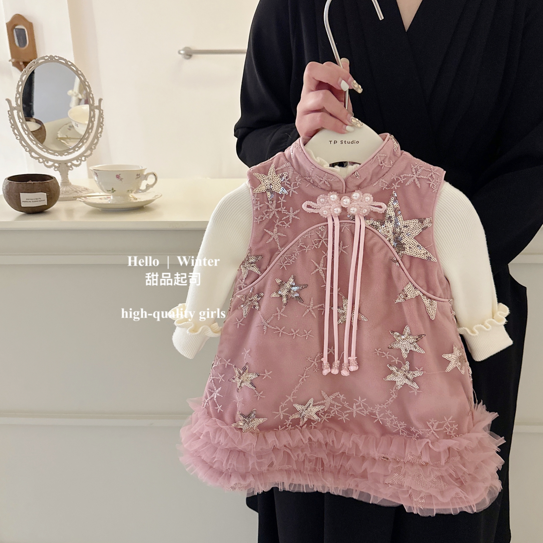 【甜品起司】新中式童装女童秋冬女宝宝国风拼接网纱加绒公主裙