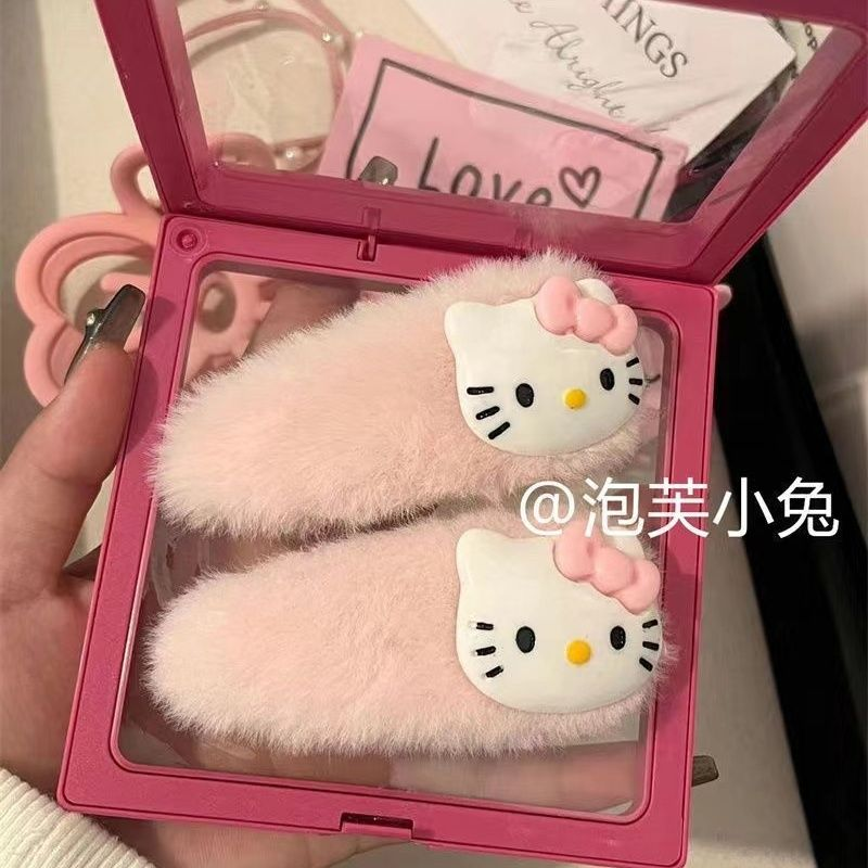 秋冬毛绒粉色kitty猫发夹日系可爱卡通发夹少女心学生刘海夹新款