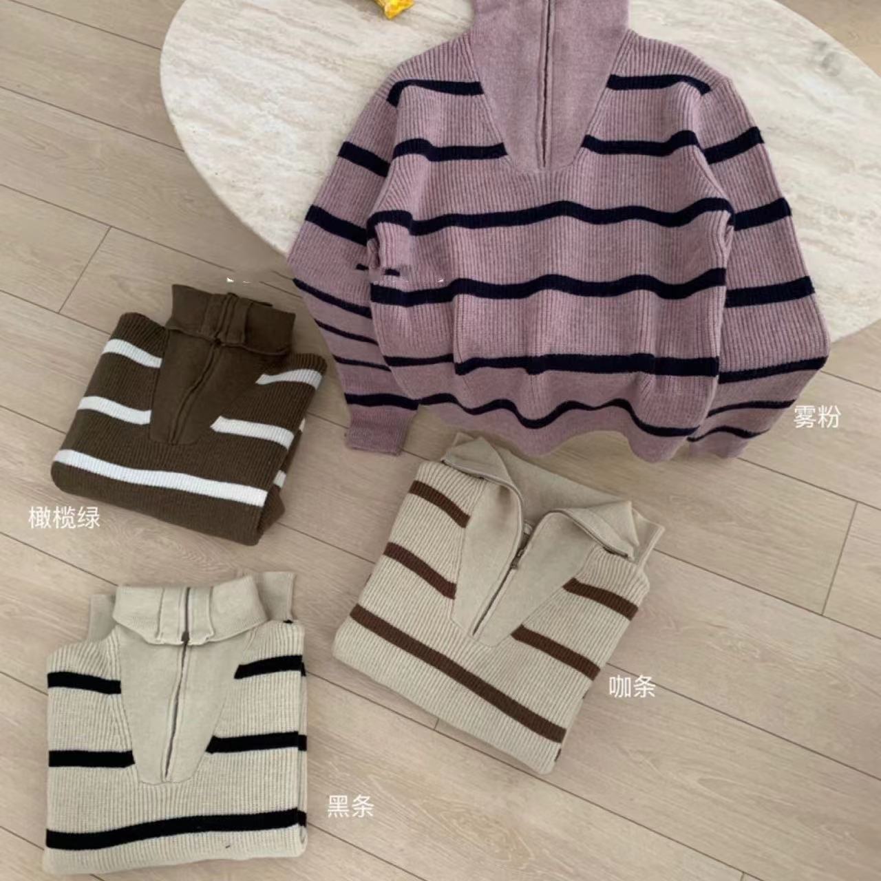 L婷婷推荐 衣长58  撞色条纹拉链翻领套头毛衣232222