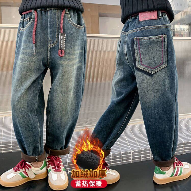 女童牛仔裤加绒冬装新款儿童裤子秋冬款小女孩冬季加厚休闲裤宽松