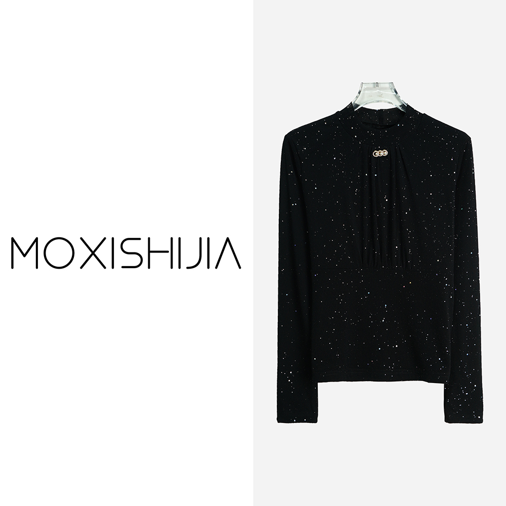 X2562-1【苏琳琳】加绒加厚黑色亮片珍珠圆领长袖打底衫3Q