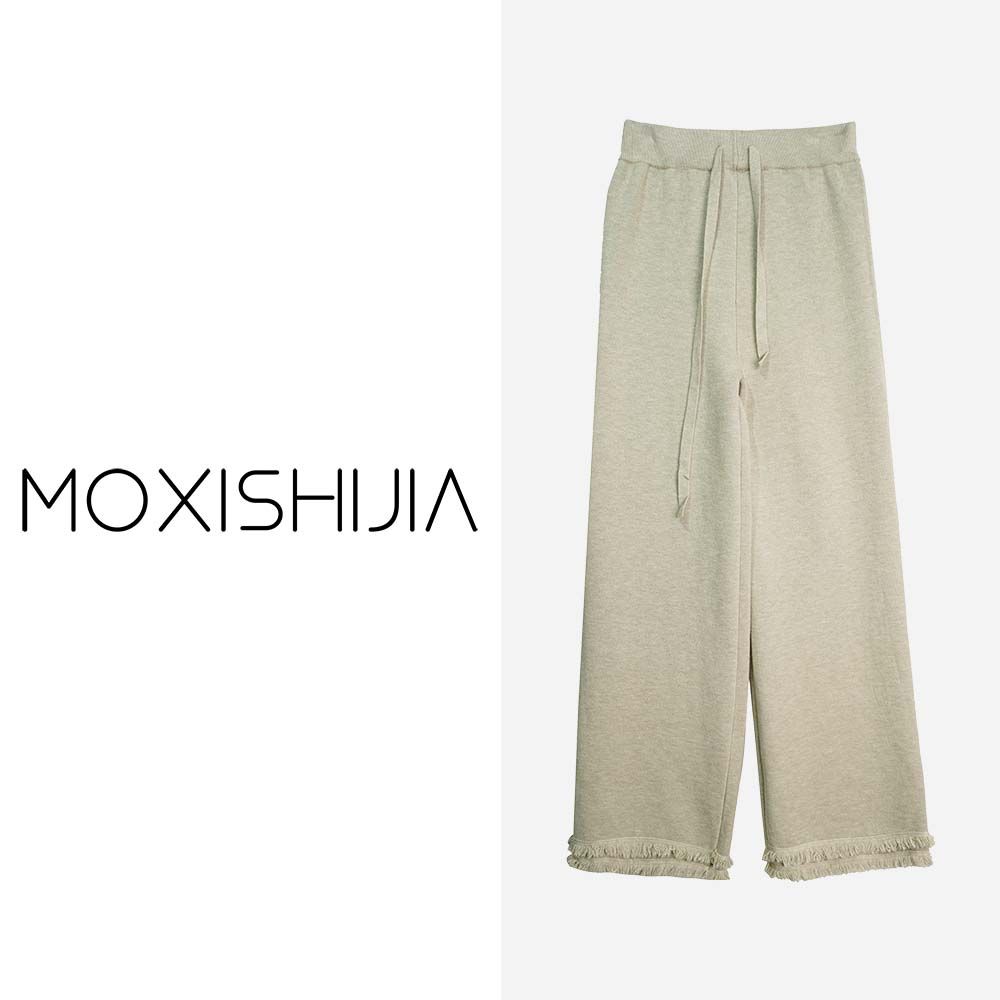 X24584-1【苏琳琳】加厚舒适慵懒风系带休闲毛边杏色直筒长裤3D