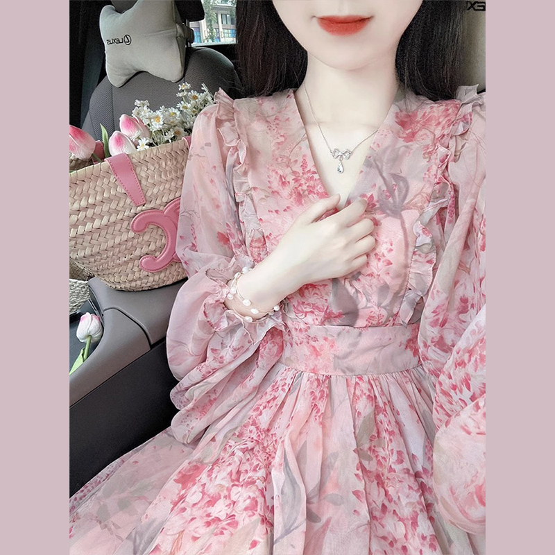 法式粉色长袖碎花连衣裙子女秋季新款气质收腰显瘦小个子长裙D859