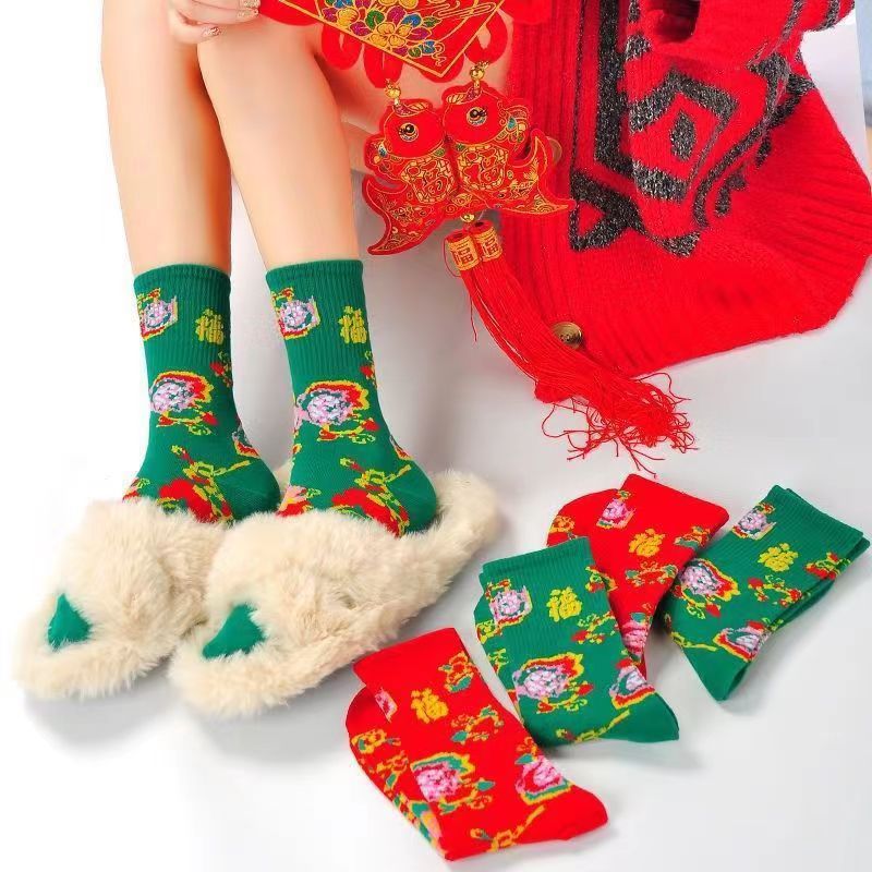 网红袜子东北风潮流喜庆大花袜子本命年女龙冬季怀旧个性中国过年