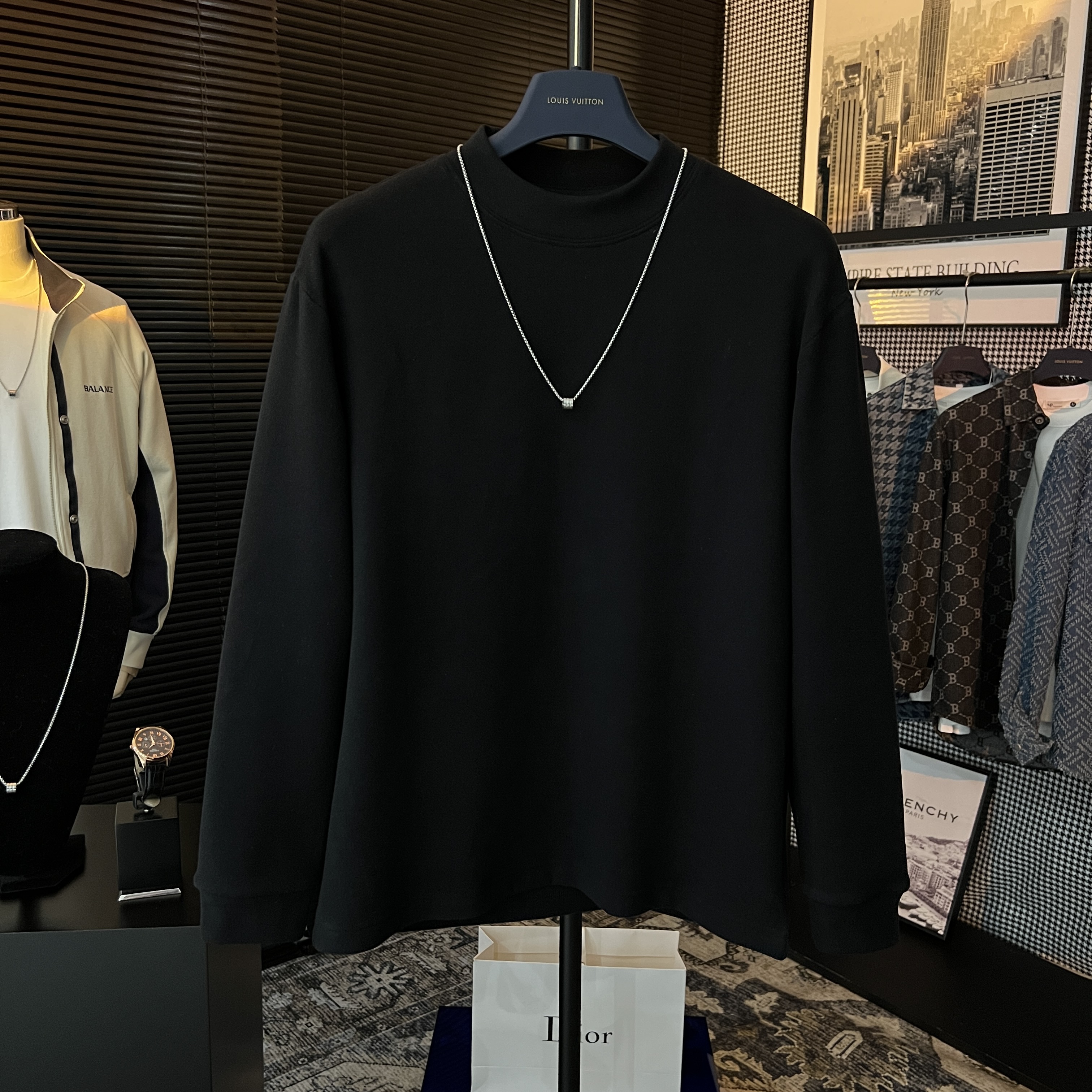 潮牌纯色保暖舒适澳绵绒男士时尚美式小立领百搭长袖秋冬黑色上衣