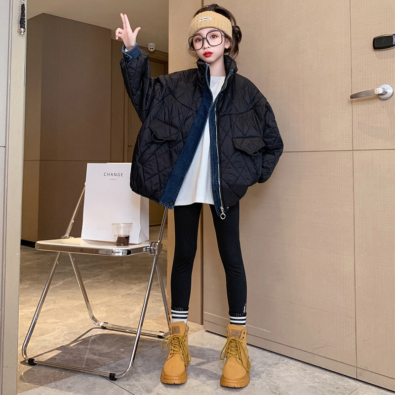 女童牛仔拼接棉衣外套冬季洋气2023新款中大儿童棉服甜酷女孩冬装