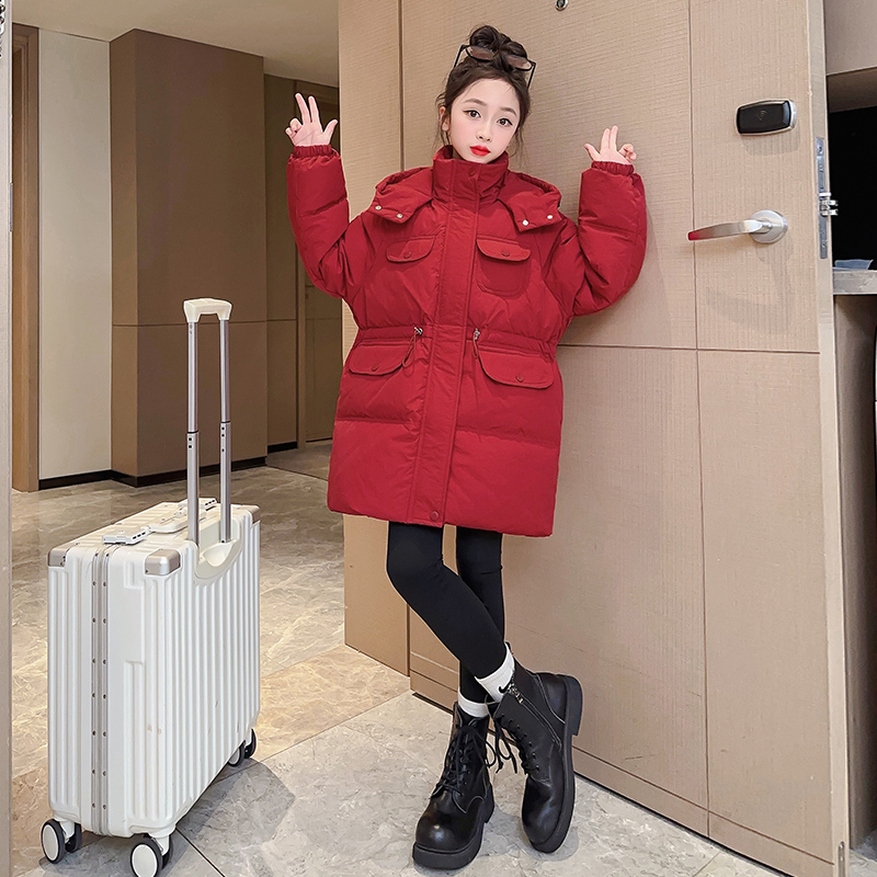 女童收腰棉服冬装加厚2023新款中大儿童洋气显瘦连帽棉衣中长款潮