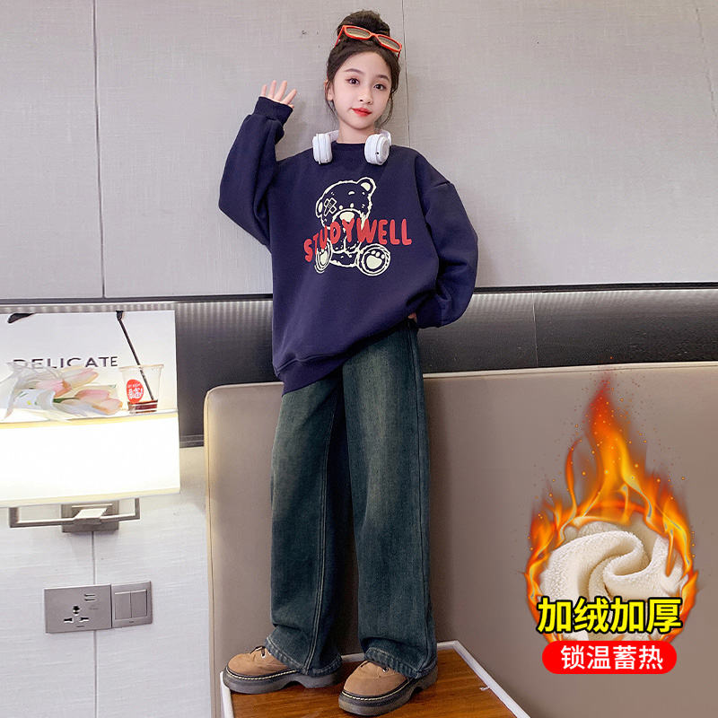 女童圆领套头卫衣秋冬季加绒加厚2023新款中大儿童韩版休闲套头衫