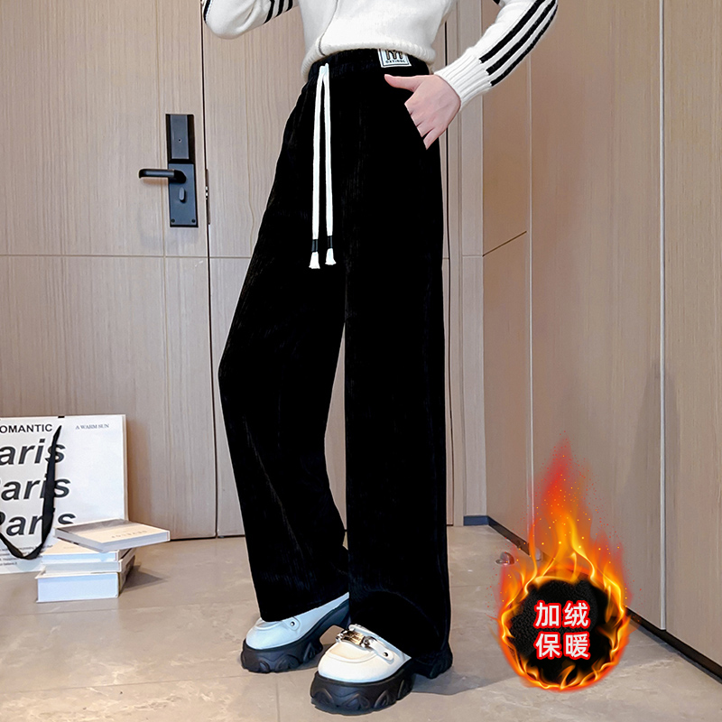 女童一体绒休闲裤冬季2023新款宽松中大儿童阔腿裤加绒加厚长裤子