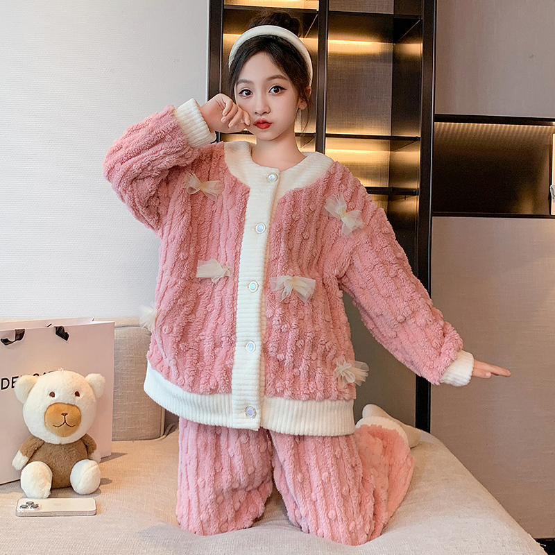 女童珊瑚绒睡衣2023新款冬装儿童可爱甜美风公主法兰绒家居服外穿