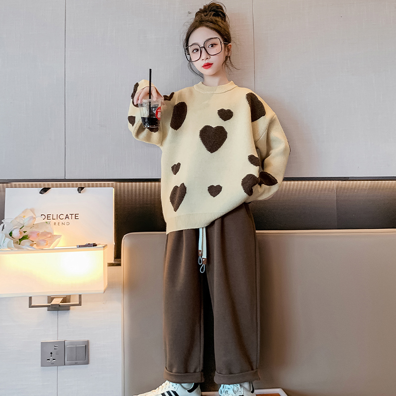 女童毛衣秋冬洋气2023新款中大儿童圆领套头针织衫加厚保暖毛线衣