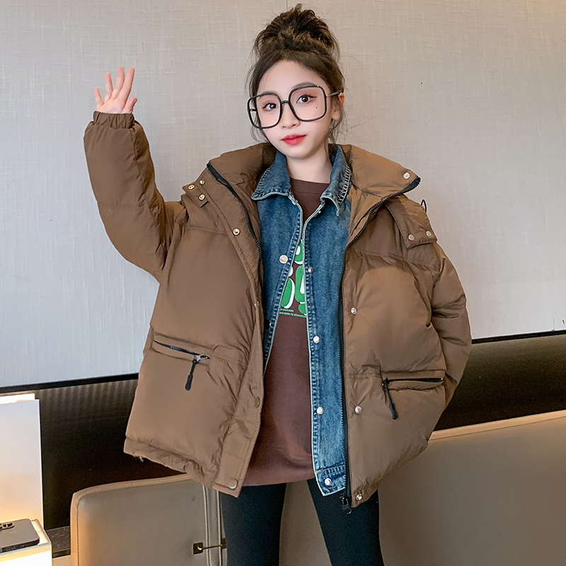 女童牛仔拼接棉衣秋冬装加厚2023新款时尚假两件棉服中大儿童棉袄