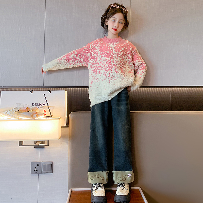 女童厚毛衣套装秋冬装洋气2023新款中大儿童阔腿裤两件套外穿时尚