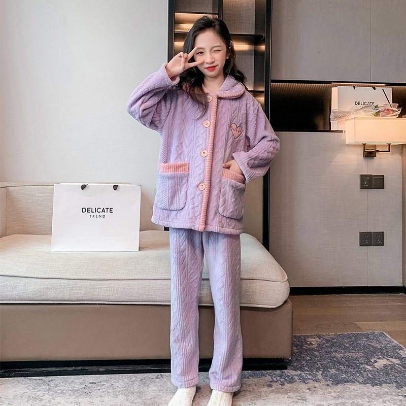 女童厚睡衣秋冬中大儿童甜美小女孩珊瑚绒家居服可外穿两件套裤子