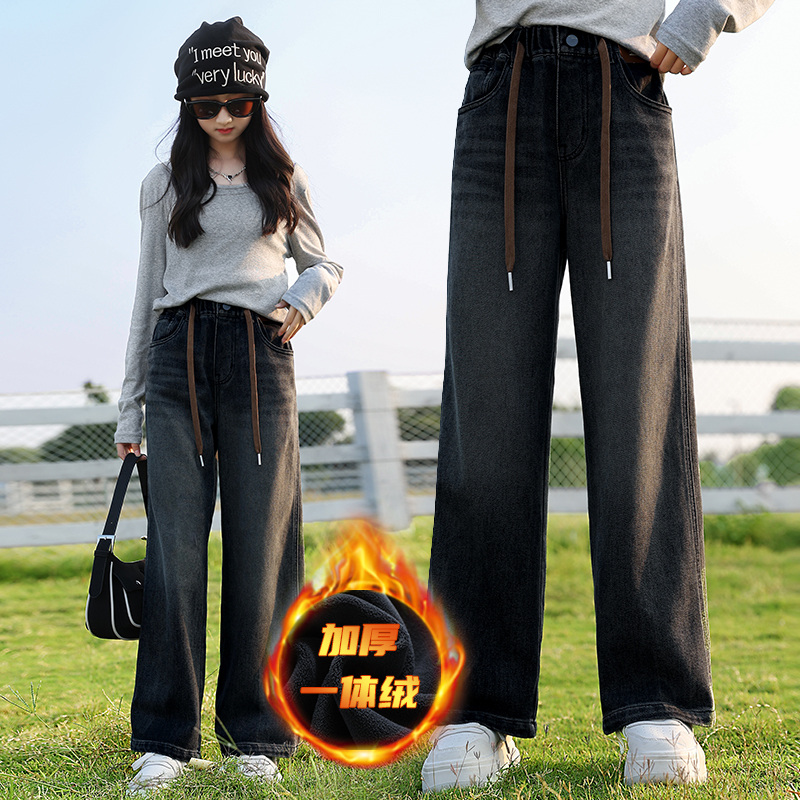 女童加绒牛仔裤秋冬洋气2023新款中大儿童冬季直筒裤加厚裤子潮酷