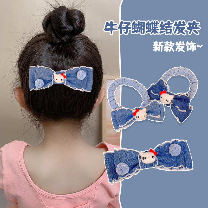 多妹 kt猫牛仔蝴蝶结发夹儿童后脑勺碎发夹扎丸子头小肠发圈
