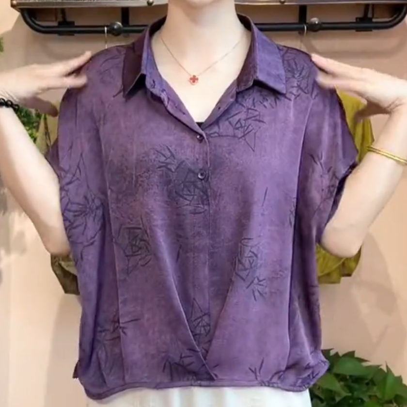 夏季款妈妈装上衣气质翻领休闲百搭印花蝙蝠袖宽松小衫