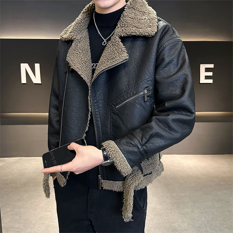 皮毛一体外套男冬季2024新款潮流毛领棉衣加绒加厚羊羔绒男款棉服