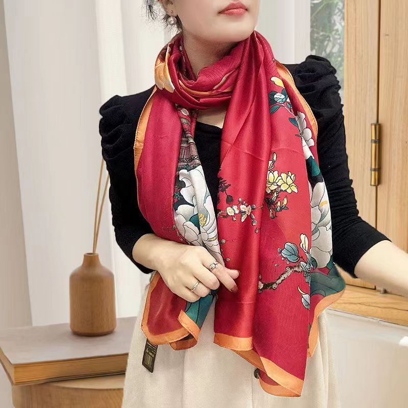 L 76春秋洋气时尚百搭女士红色薄款气质夏季双面围巾韩版长款