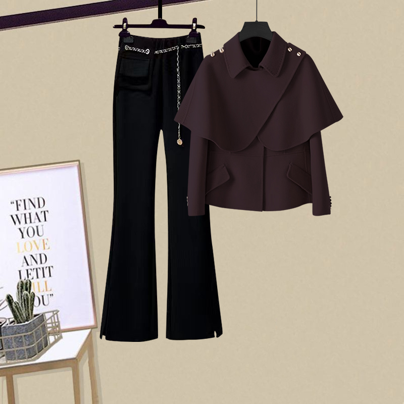 温柔风大码女装高级感短款毛呢子大衣秋冬2023新款韩系外套两件套