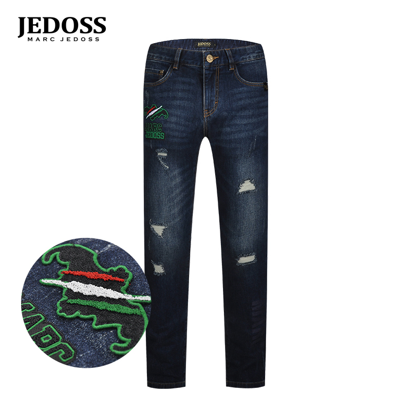 JEDOSS/爵迪斯男装秋冬专柜新款字母刺绣破洞修身潮流牛仔裤直筒