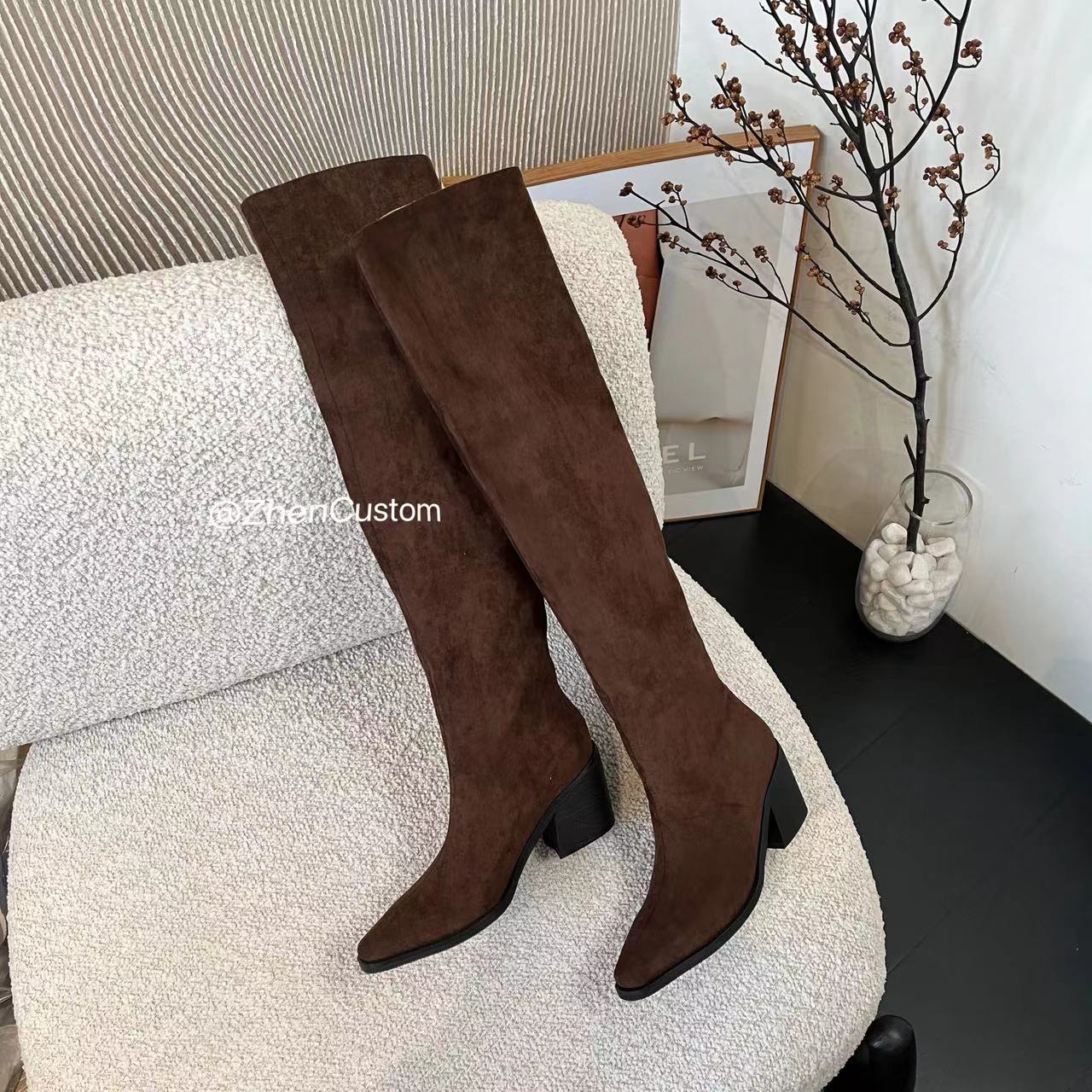 【Zhen】复古粗跟绒面美拉德复古加绒堆堆过膝长靴装靴（6cm）