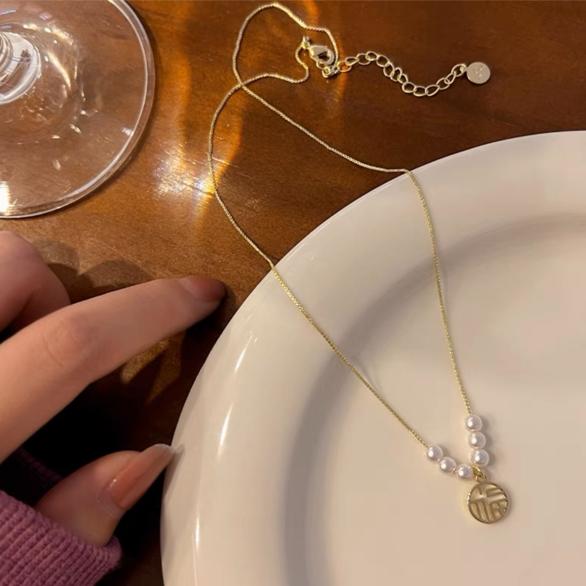 钛钢项链 【蒂】钛钢国风简约珠珠福字项链AA-353