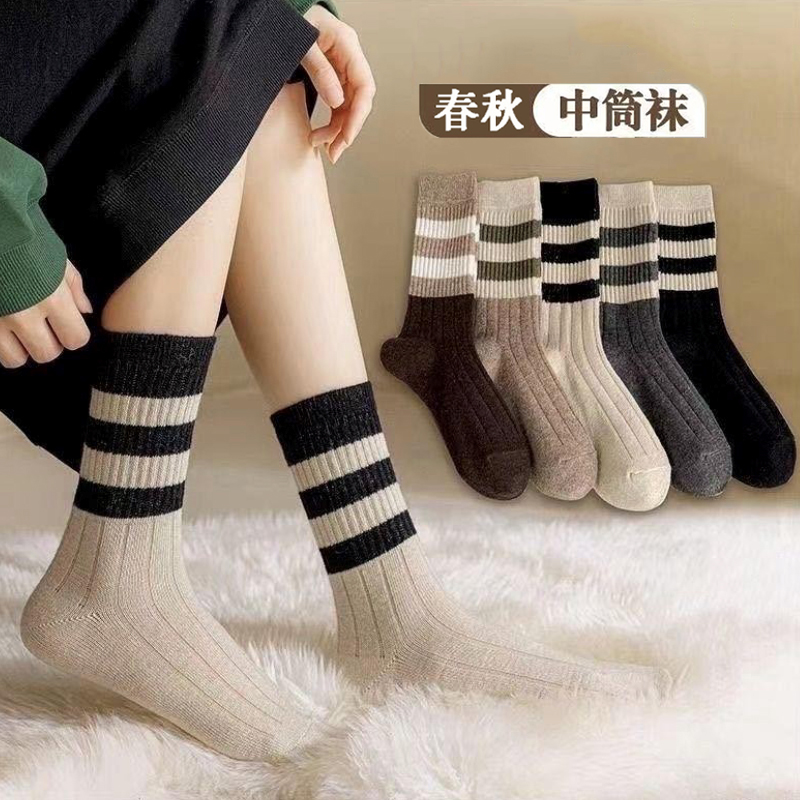 春秋季新款时尚条纹中筒女袜百搭高帮长袜ins袜潮袜加一根头绳