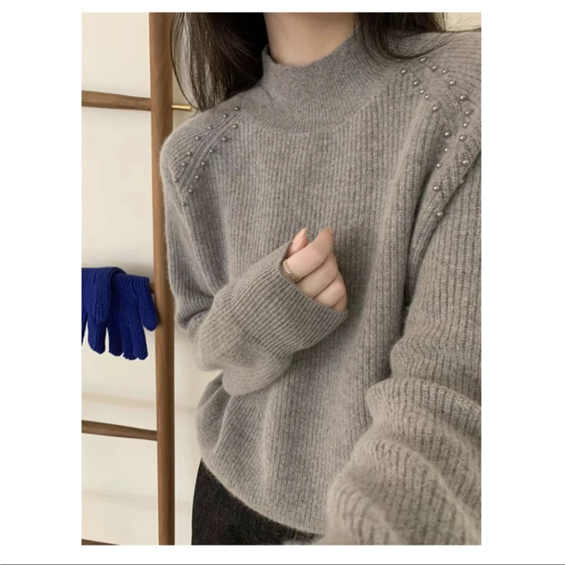 高领厚毛衣上衣打底衫针织宽松半高领加厚秋冬高领毛衣上衣针织