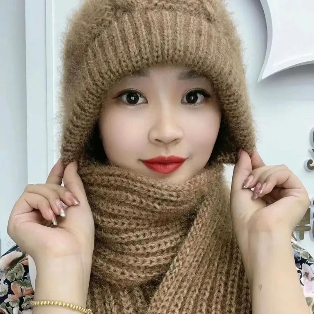 帽子围巾一体加绒加厚风雪帽秋冬新款加厚绒毛线针织女保暖妈妈帽