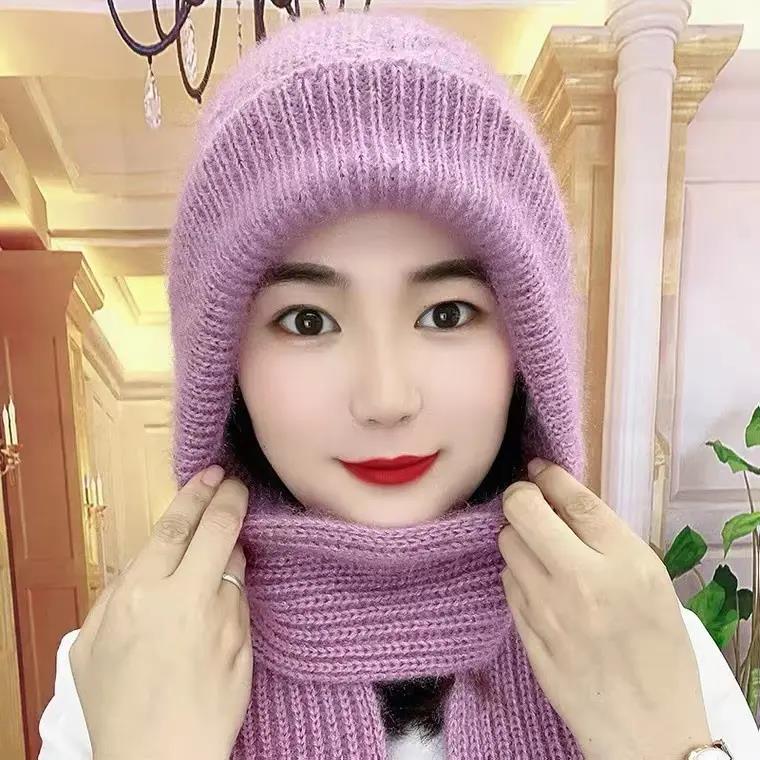 新款帽子女加绒加厚围巾一体风雪帽秋冬季加厚毛线帽保暖针织帽
