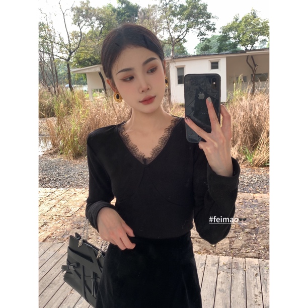 【赵小小yimao】2035 黑色蕾丝长袖针织衫修身显瘦内搭打底衫上衣