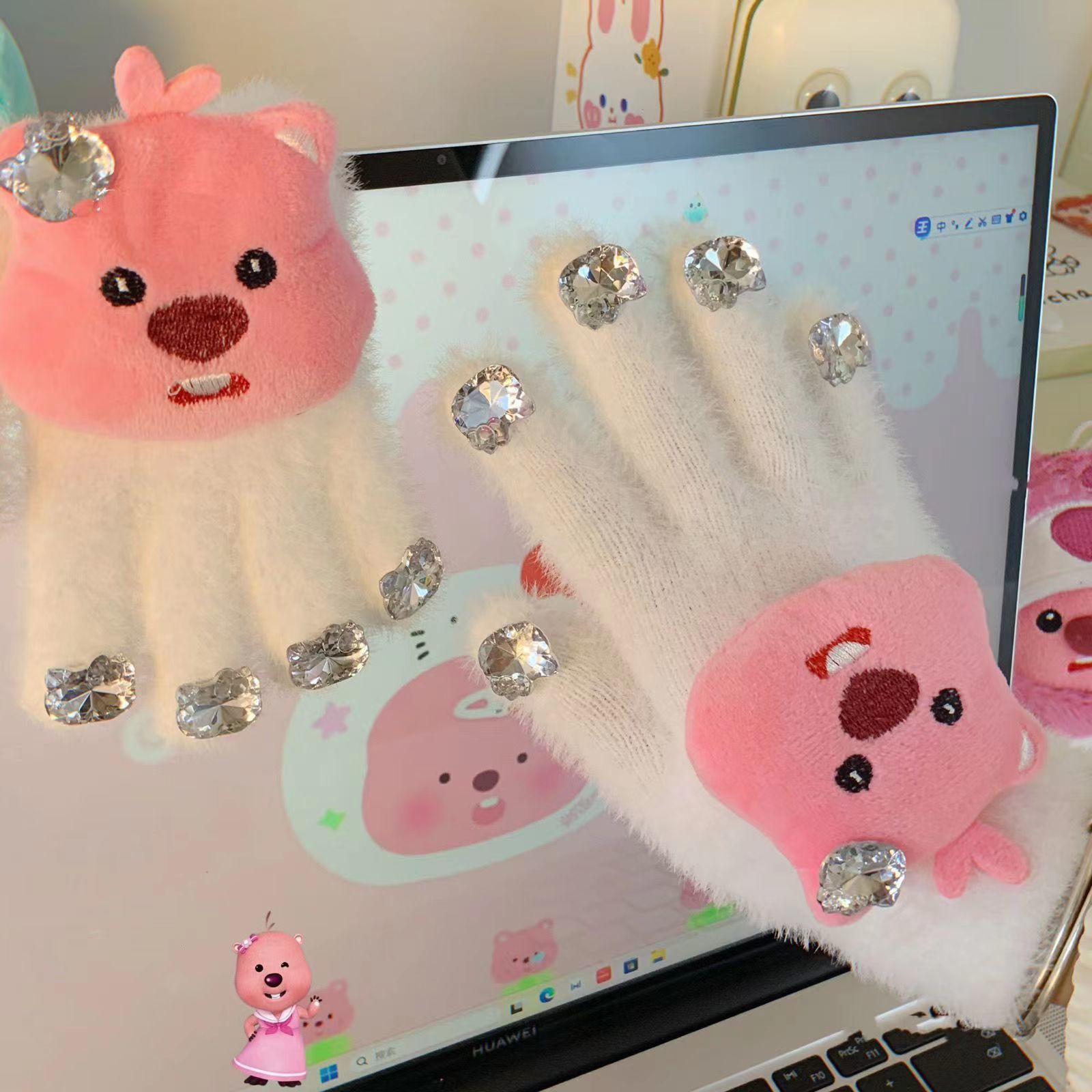 loopy露比手套秋冬款女学生冬季电动车保暖防风可爱小海狸手套ins