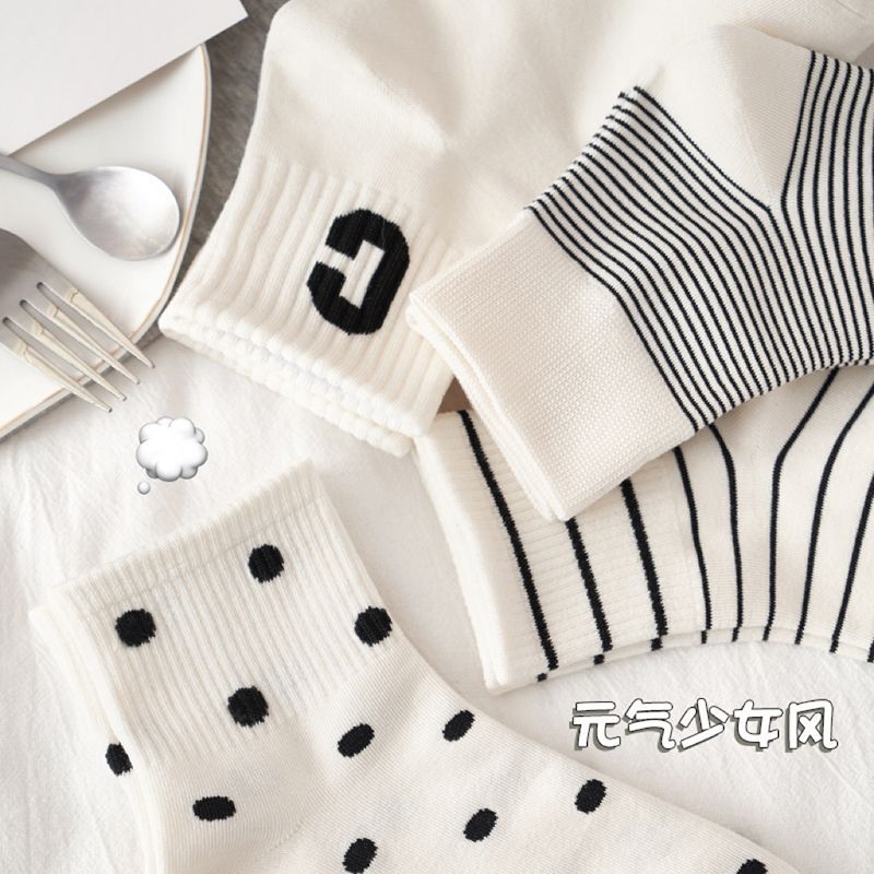 条纹袜子女纯棉中筒袜网红超火潮外传秋秋季高筒白色柔软舒适简约