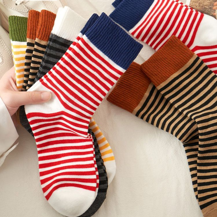 中筒袜子女撞色撞色罗口拼接条纹日系复古秋冬季袜休闲长小优成品