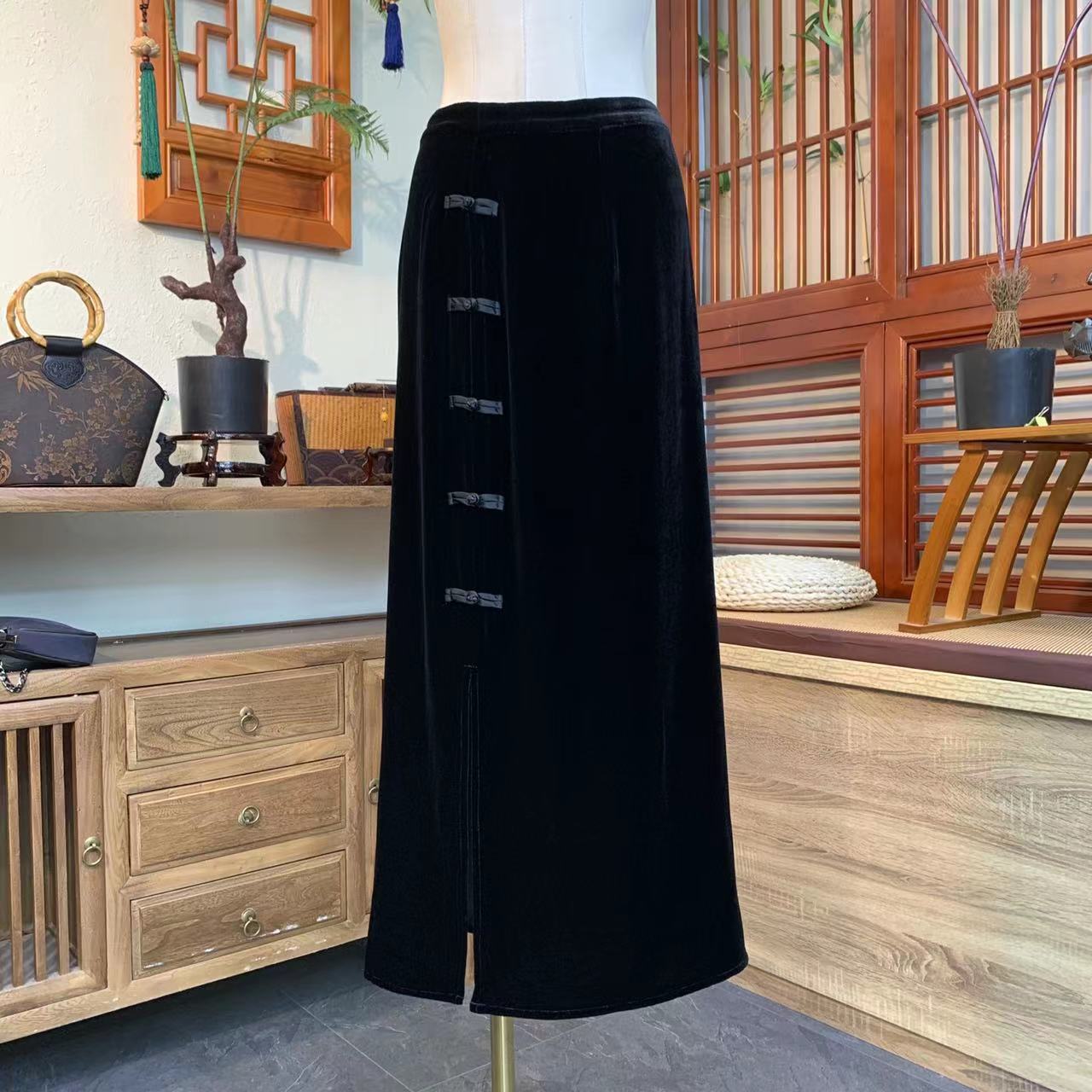 江南凤羽【故梦知晓】百搭显瘦新中式桑蚕丝丝绒半裙FYX1629