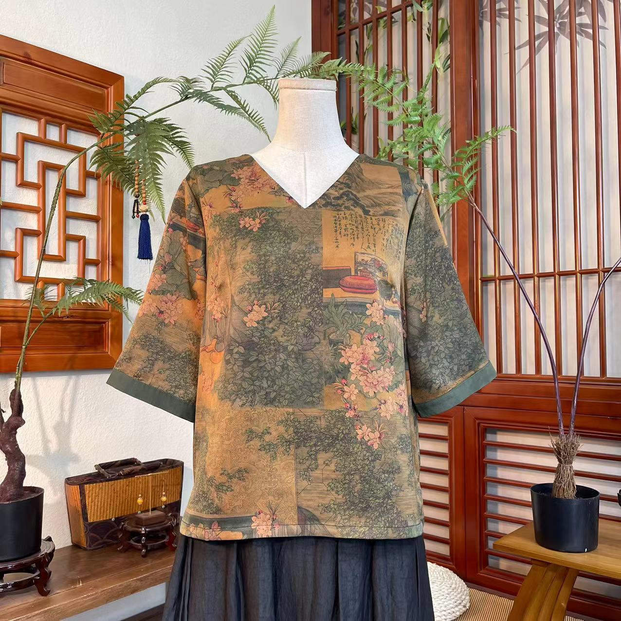 江南凤羽【花语如梦】轻中式V领六分袖香云纱上衣FY3101