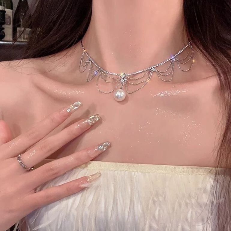铜合金项链 轻奢高级氛围感仿珍珠流苏项链女气质小众锁骨链颈链~