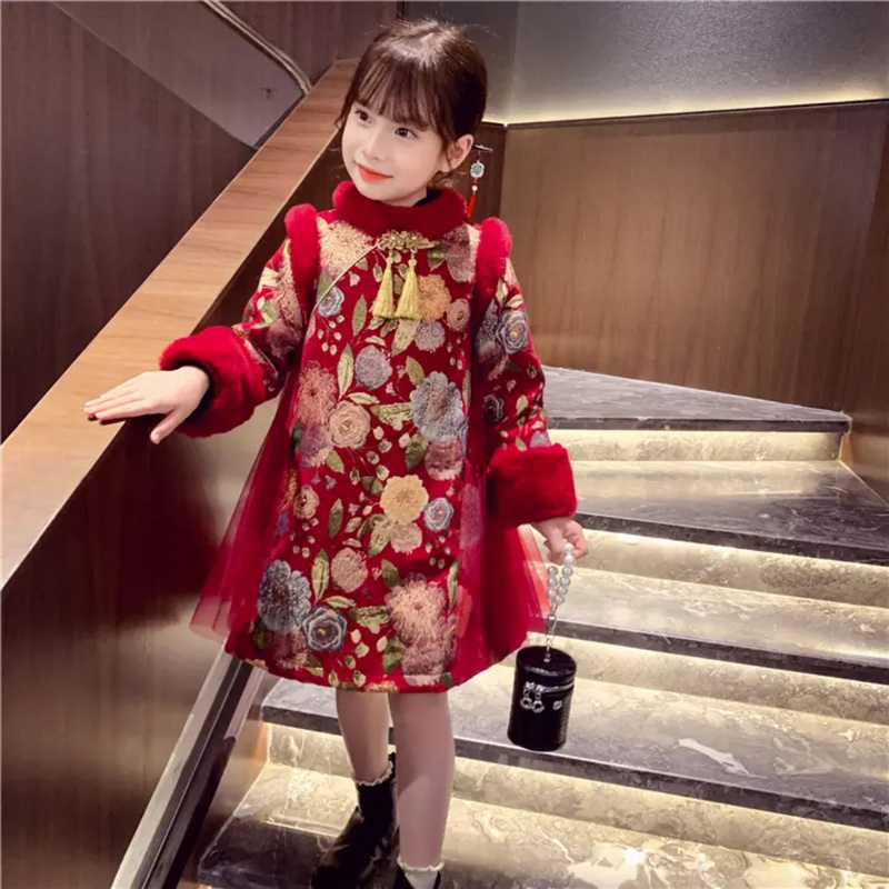 女童中式国风旗袍连衣裙冬季2024新款中大童加绒汉服新年拜年服潮
