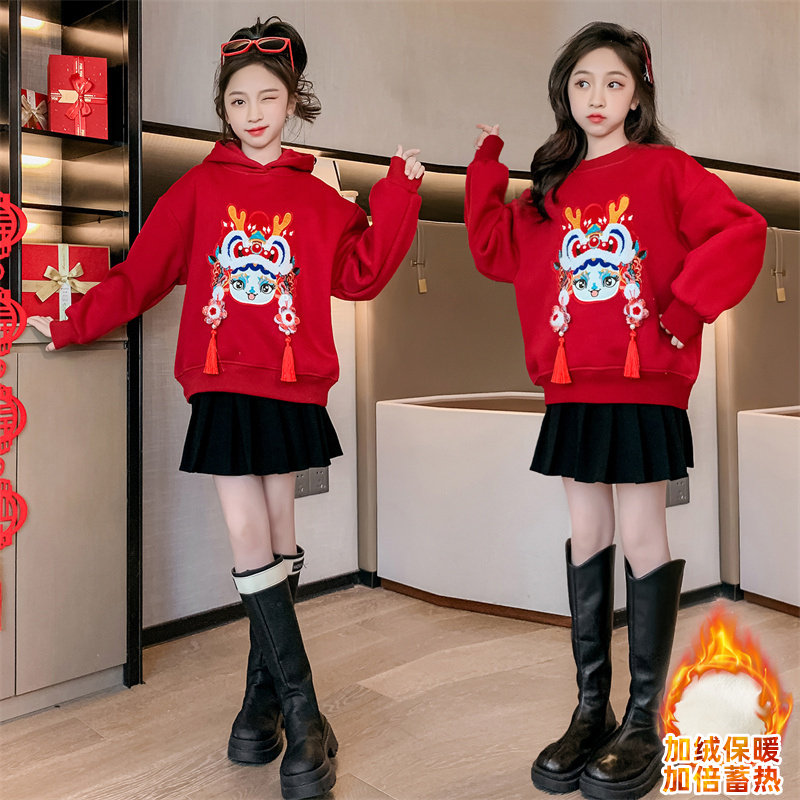女童过年加绒卫衣冬装2024龙年本命年衣服儿童红色上衣国风拜年服