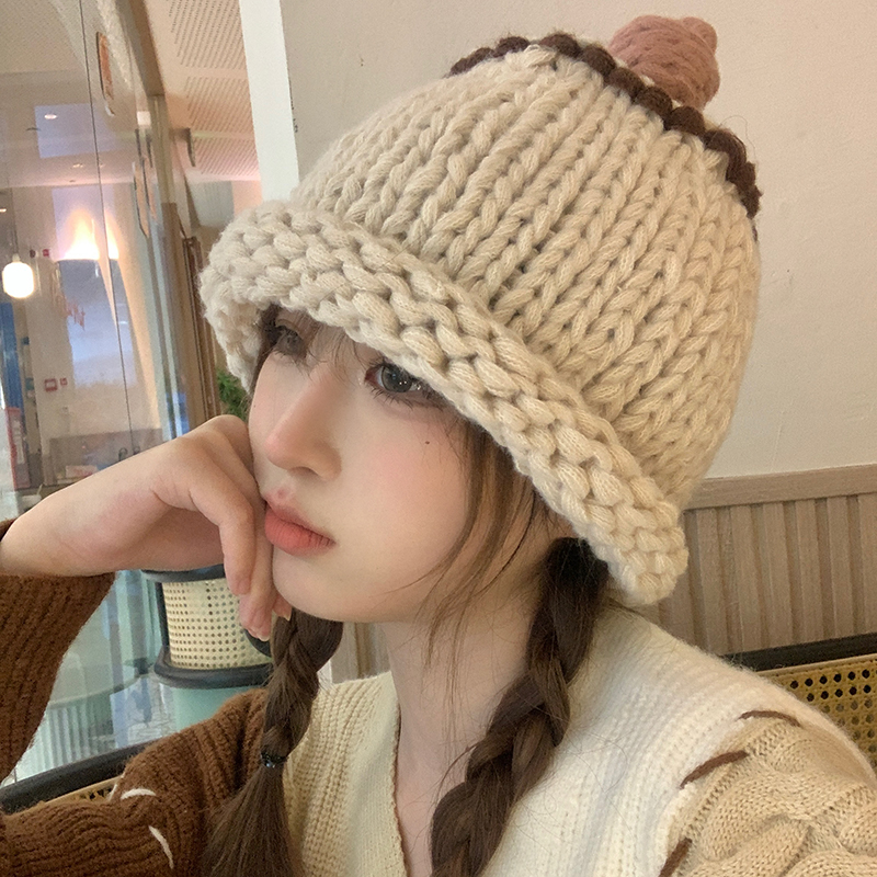 韩版可爱小啾啾手工毛线盆帽女秋冬显脸小保暖卷边毛线帽子青年潮