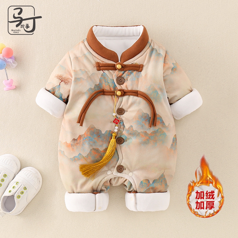 婴儿汉服冬装中国风周岁礼服加厚唐装外出外套满月百岁宴连身衣服