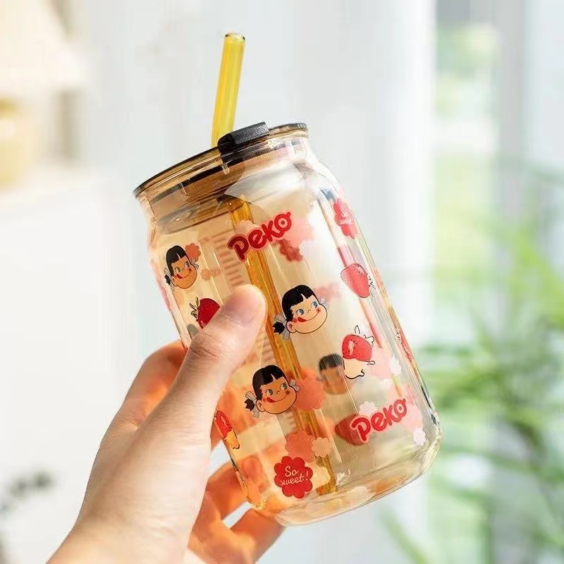 可爱网红ins高硼硅耐热大容量吸管水杯易拉罐带盖牛奶杯
