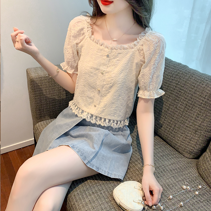 方领雪纺衬衫女短袖2023夏季设计感小众蕾丝小衫泡泡袖短款上衣潮