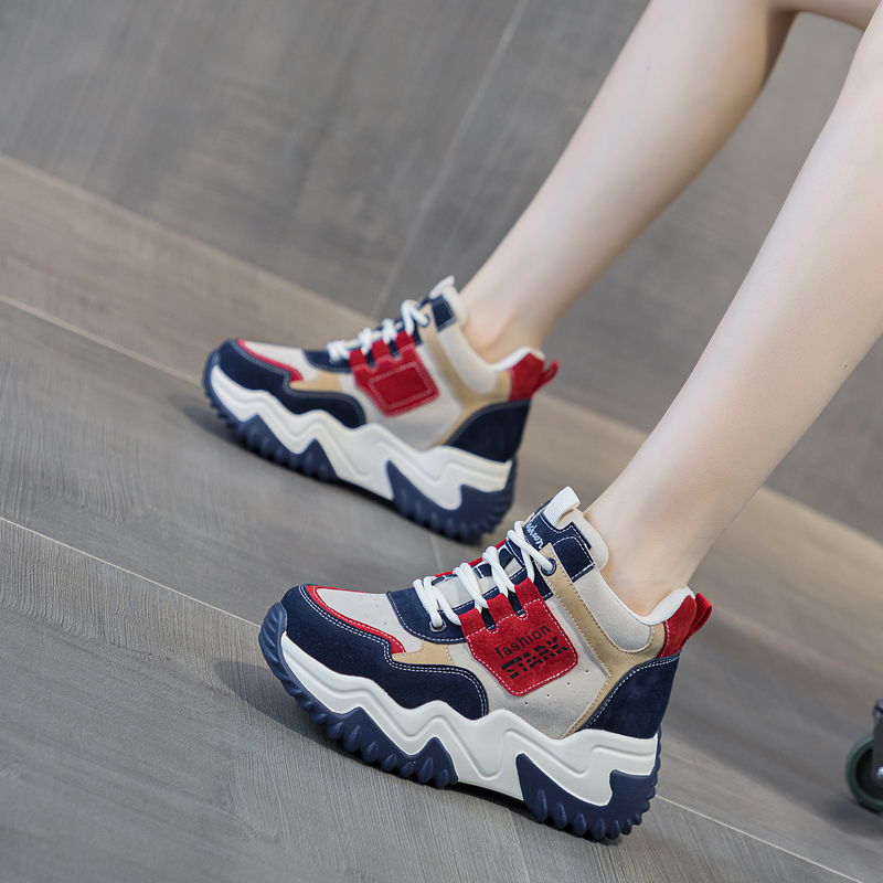 内增高老爹鞋子女2023新款秋冬季真皮百搭爆款高端厚底高帮小白鞋